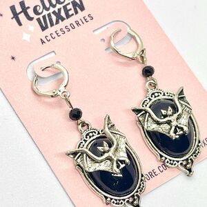Vintage Antiqued Cameo Bat Gothic Dangling Earrings